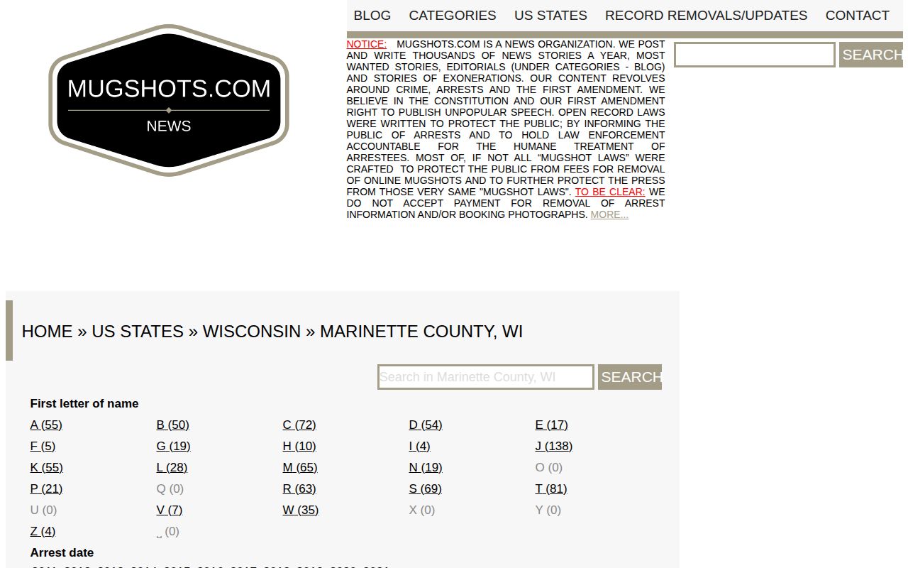 Marinette County Mugshots.com historical directory context screenshot