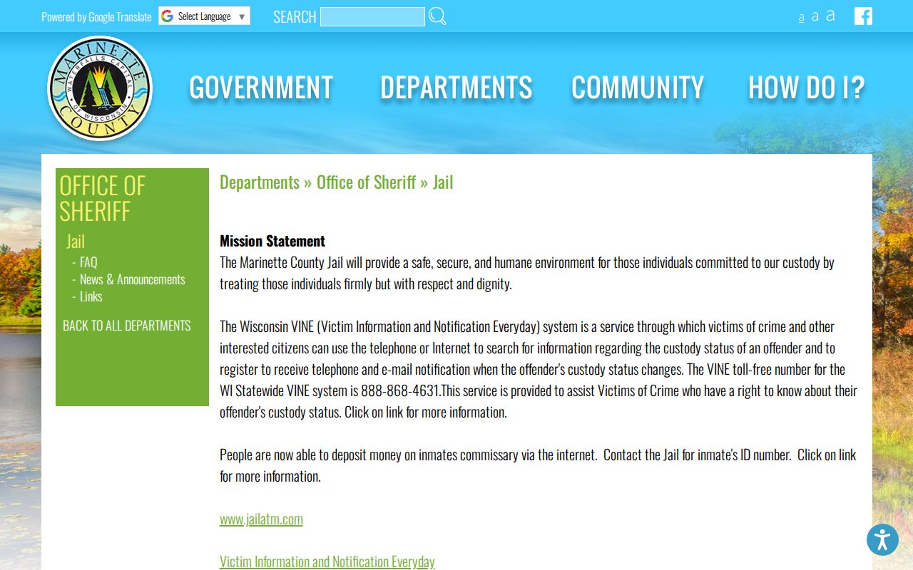 Official Marinette County Jail information page