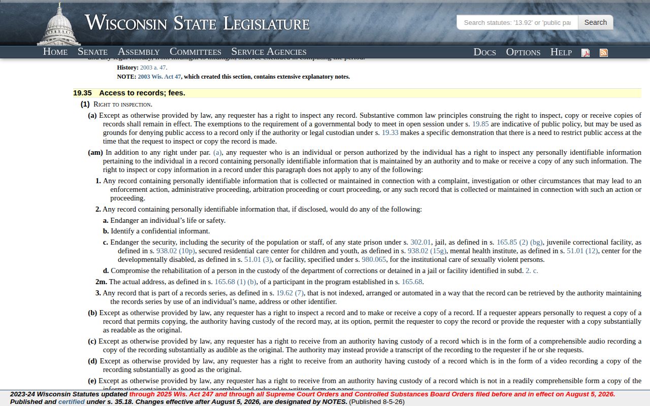 Official Wisconsin Statute 19.35 public-records access page