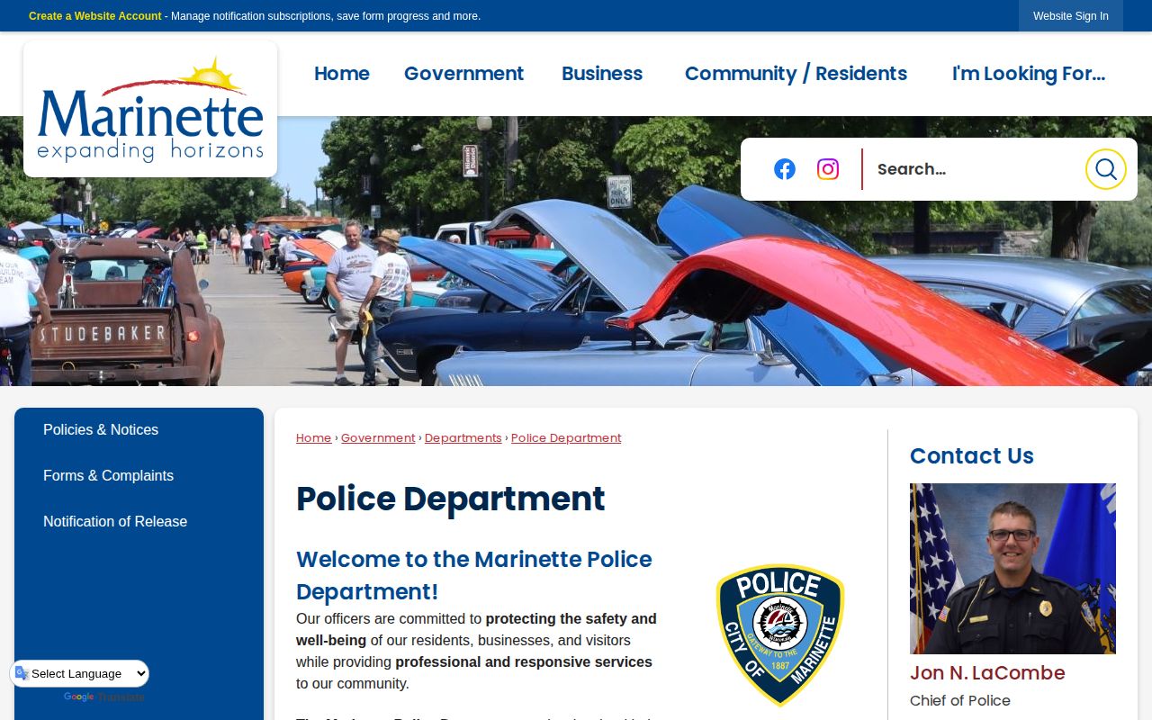 Marinette Police Department official webpage used as a contact and records-route source
