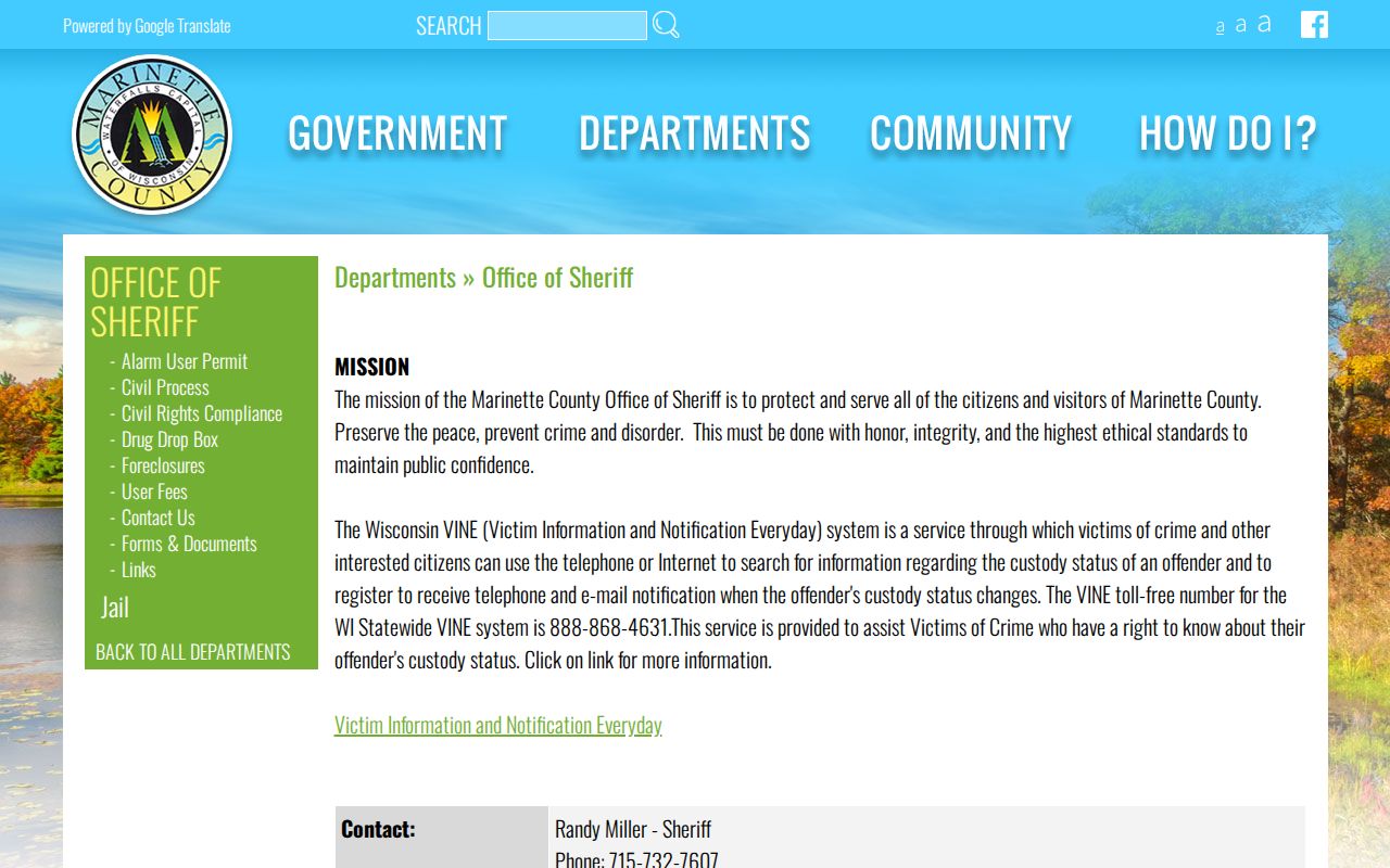 Marinette County Sheriff warrant-route page for warrant status information